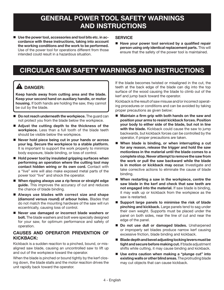 Circular saw safety warnings and instructions | Ryobi CSB123 User Manual | Page 4 / 48
