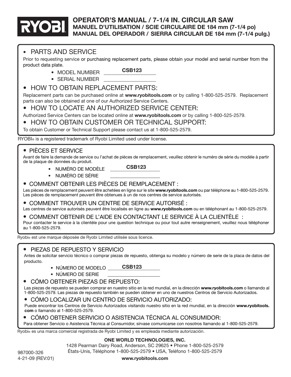 Parts and service, How to obtain replacement parts, How to locate an authorized service center | How to obtain customer or technical support, Operator’s manual / 7-1/4 in. circular saw | Ryobi CSB123 User Manual | Page 48 / 48