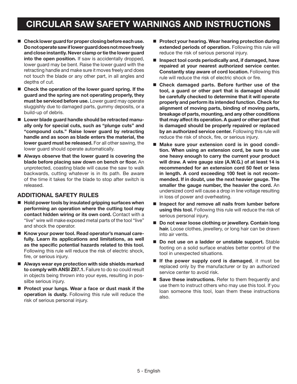 Circular saw safety warnings and instructions | Ryobi CSB123 User Manual | Page 5 / 48