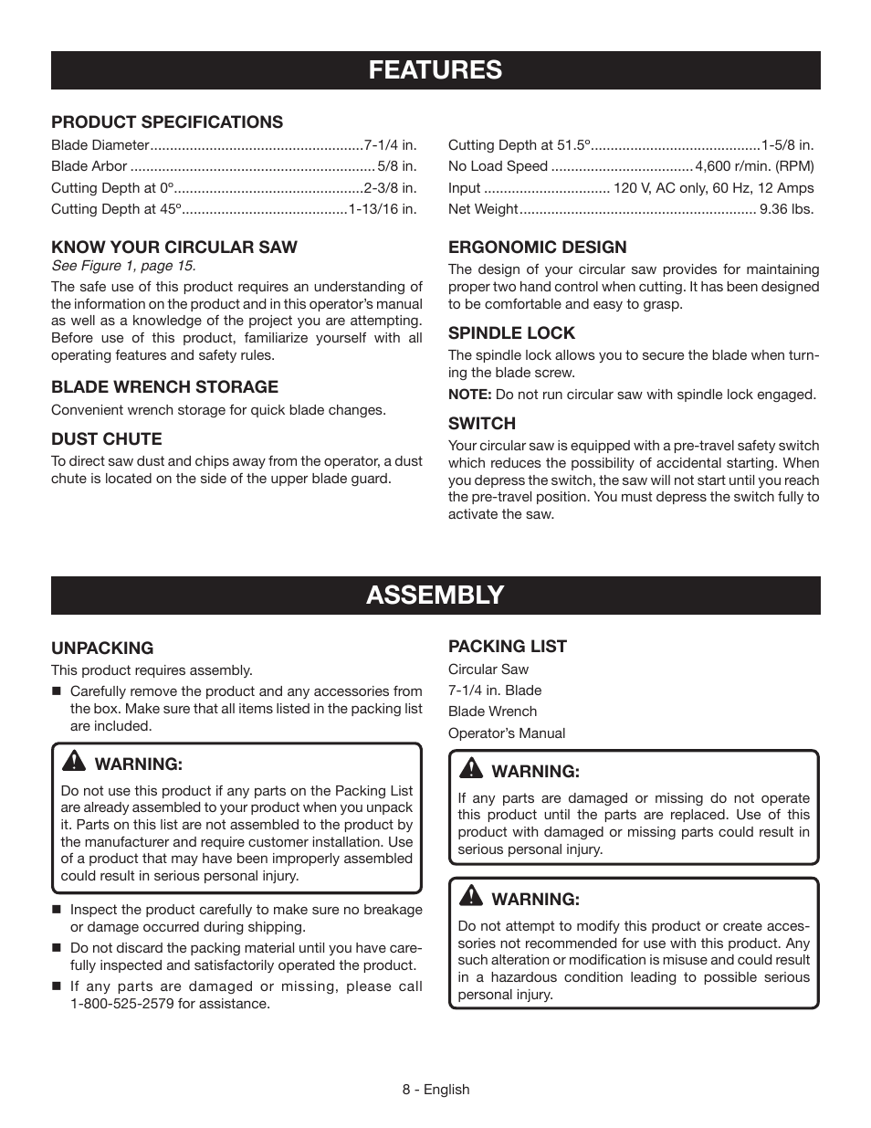 Features, Assembly | Ryobi CSB123 User Manual | Page 8 / 48