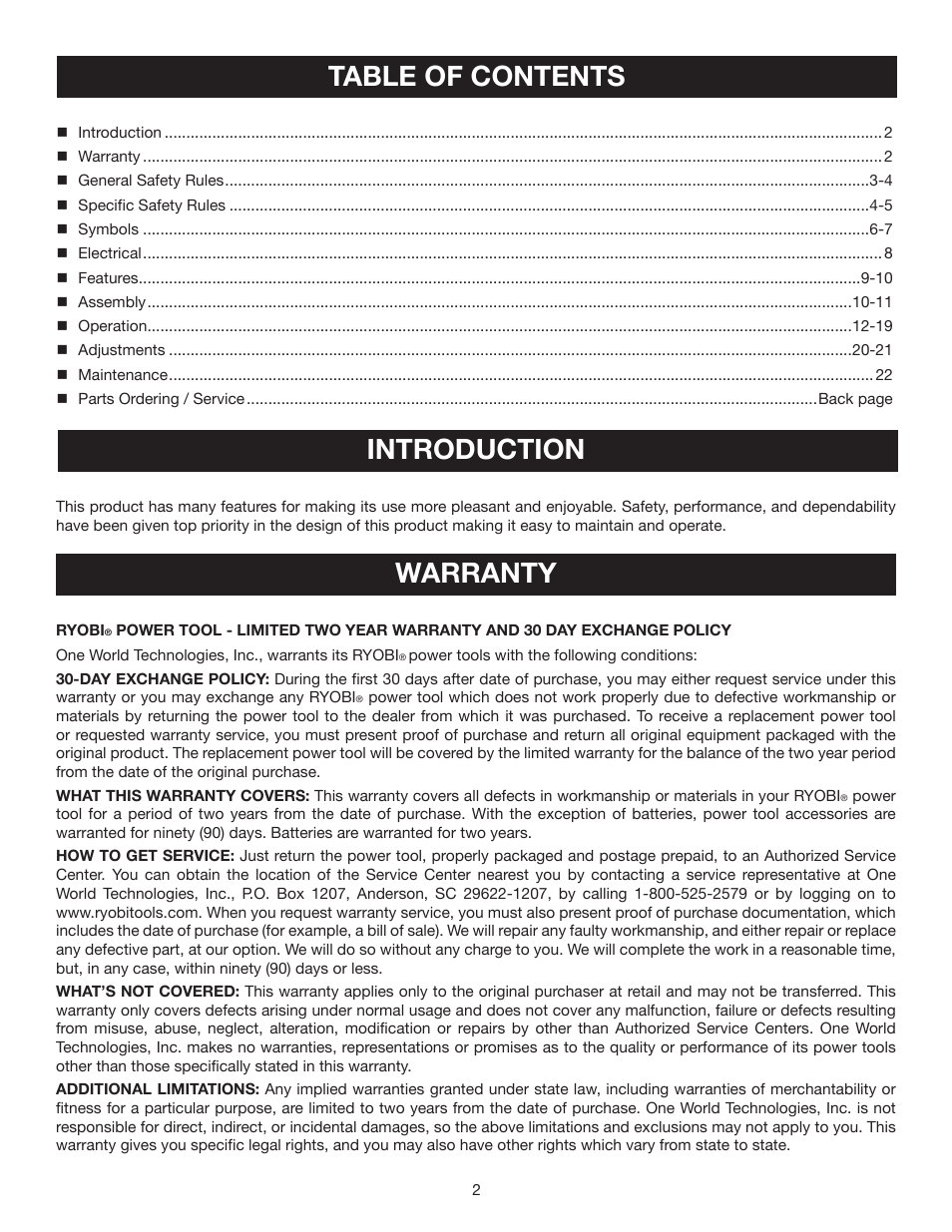 Table of contents introduction, Warranty | Ryobi CSB132L User Manual | Page 2 / 24