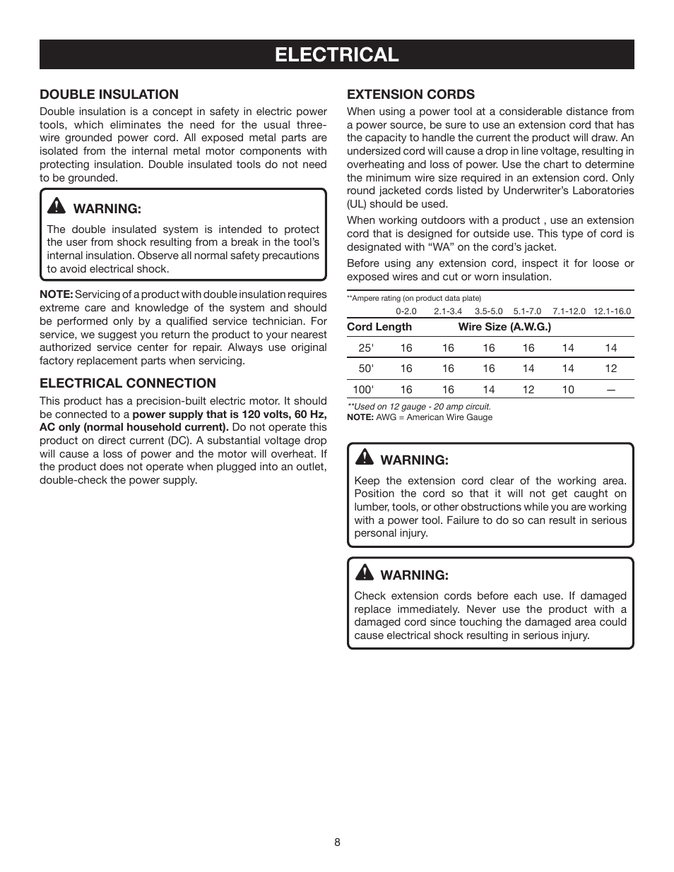 Electrical | Ryobi CSB132L User Manual | Page 8 / 24