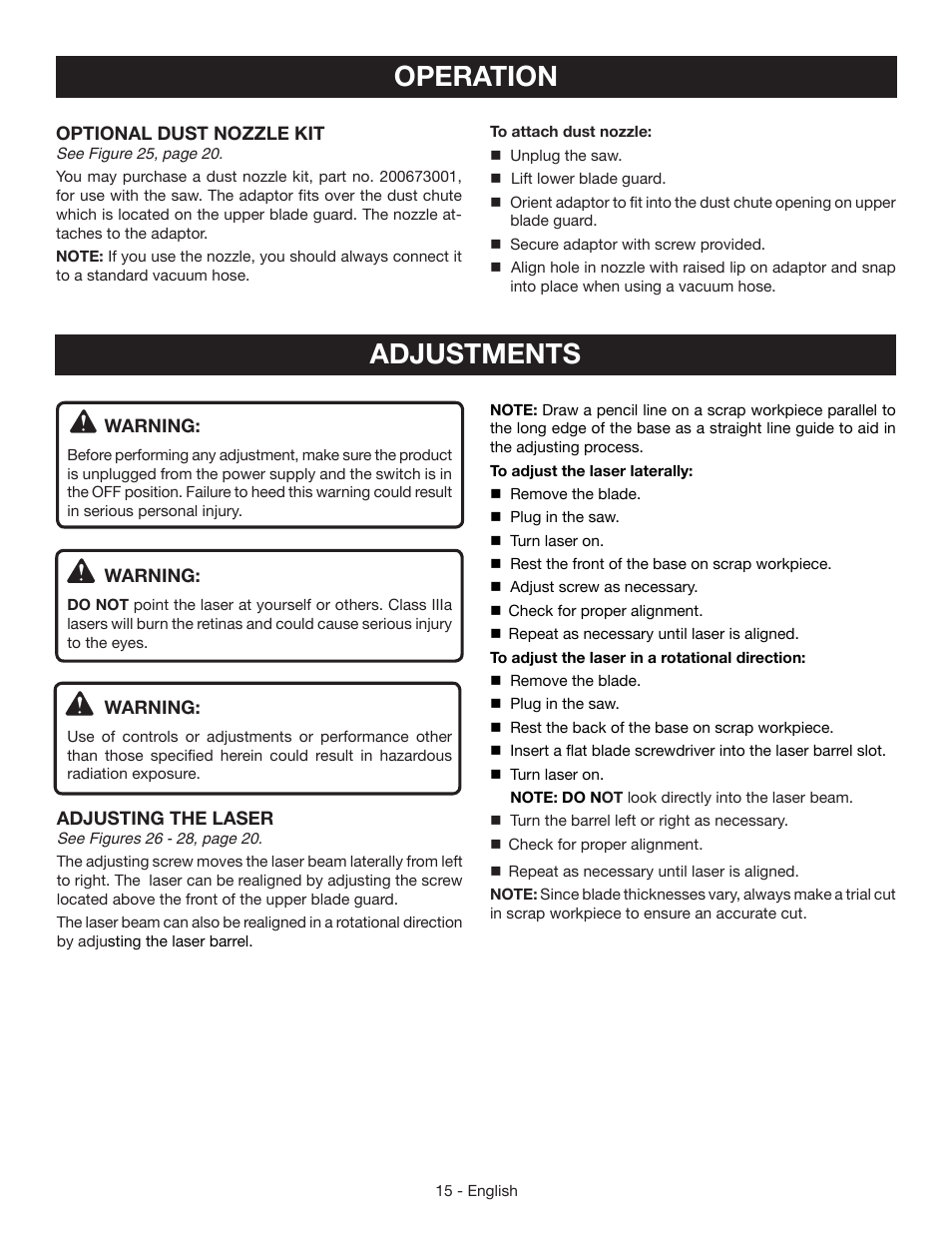 Adjustments, Operation | Ryobi CSB133L User Manual | Page 15 / 52
