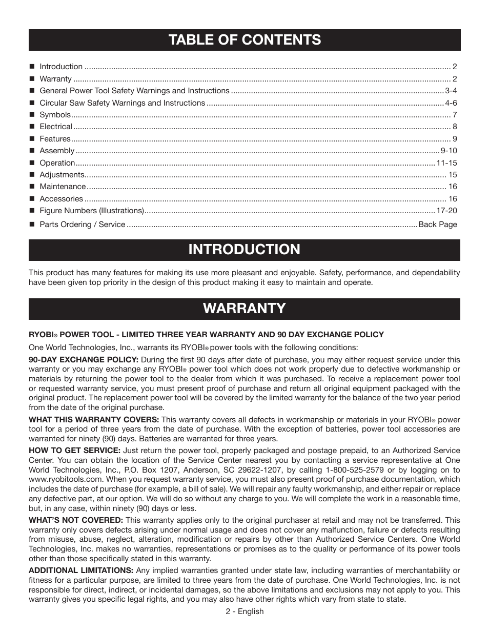 Table of contents introduction, Warranty | Ryobi CSB133L User Manual | Page 2 / 52