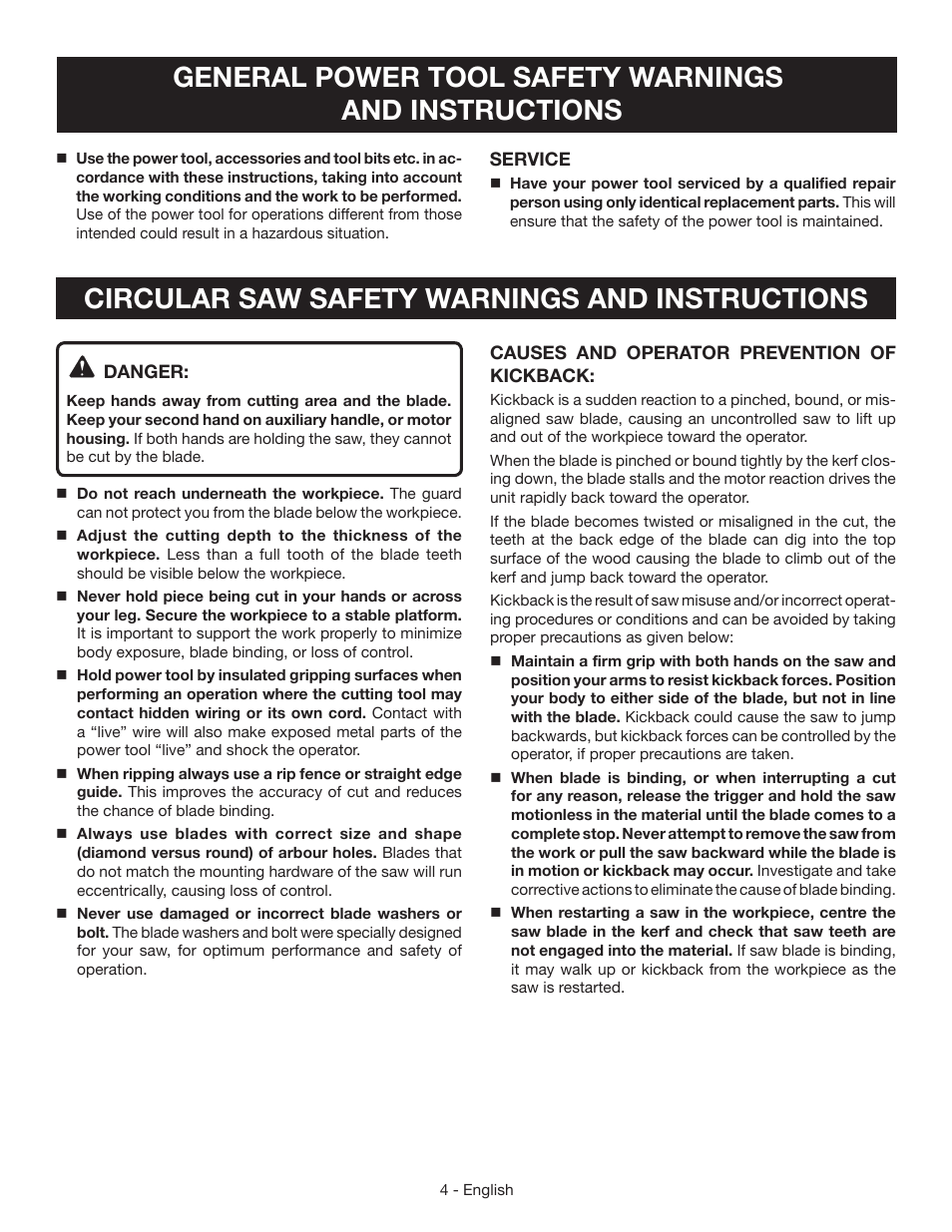 Circular saw safety warnings and instructions | Ryobi CSB133L User Manual | Page 4 / 52