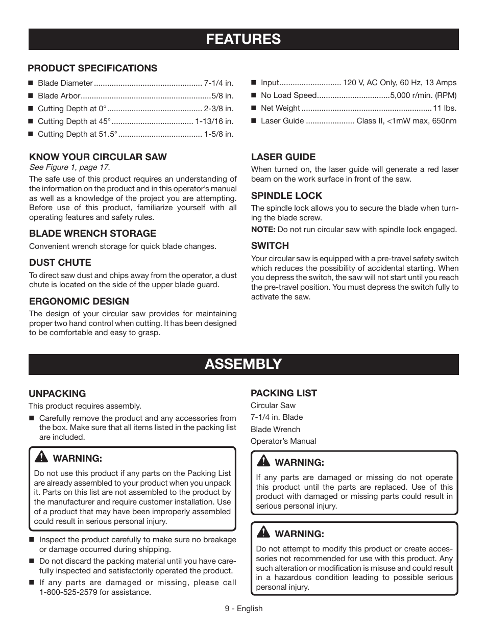 Features assembly | Ryobi CSB133L User Manual | Page 9 / 52