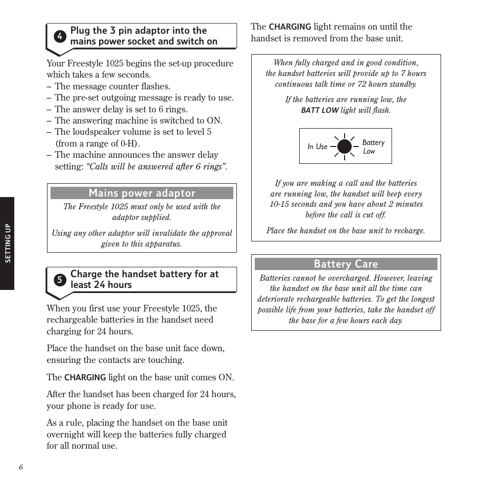 Mains power adaptor, Battery care | BT Freestyle 1025 User Manual | Page 10 / 47