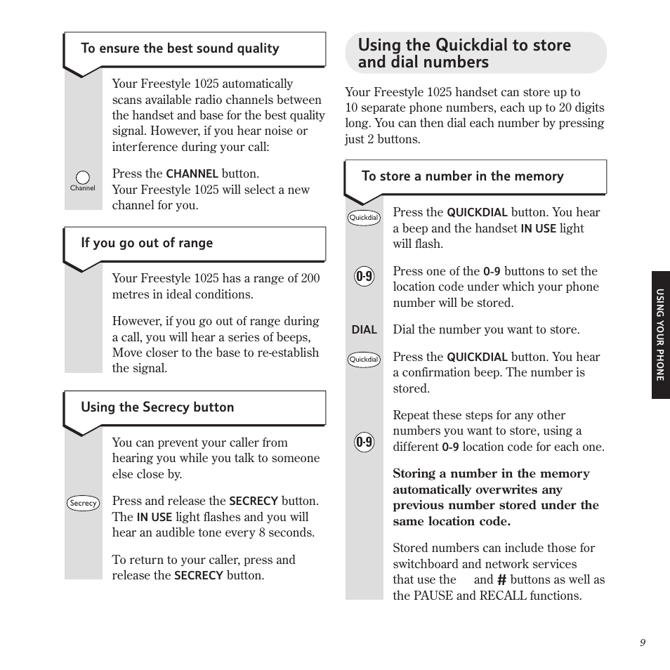 Using the quickdial to store and dial numbers | BT Freestyle 1025 User Manual | Page 13 / 47