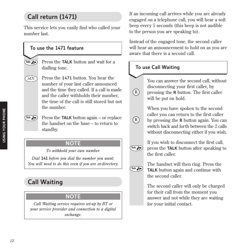 Call waiting, Call return (1471) | BT Freestyle 1025 User Manual | Page 16 / 47