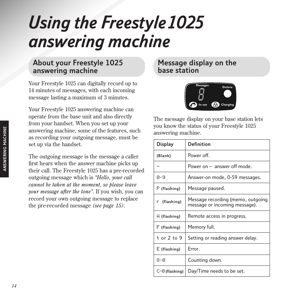 Using the freestyle 1025 answering machine, About your freestyle 1025 answering machine, Message display on the base station | BT Freestyle 1025 User Manual | Page 18 / 47