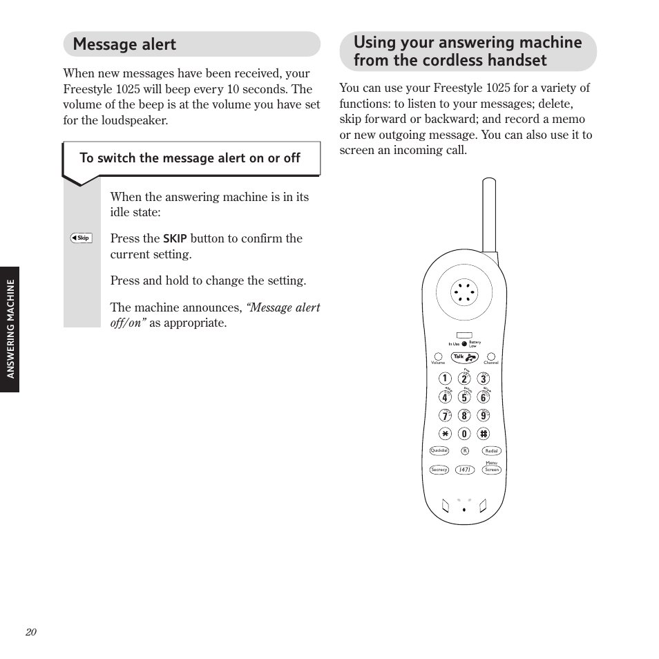 Message alert, Skip | BT Freestyle 1025 User Manual | Page 24 / 47