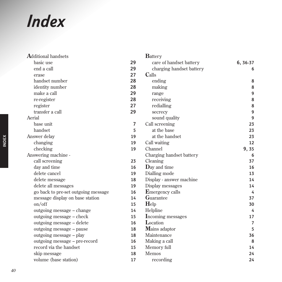 Index | BT Freestyle 1025 User Manual | Page 44 / 47