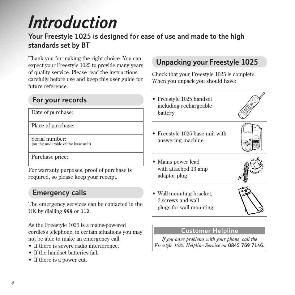 Introduction, For your records, Emergency calls | Unpacking your freestyle 1025, Customer helpline | BT Freestyle 1025 User Manual | Page 8 / 47