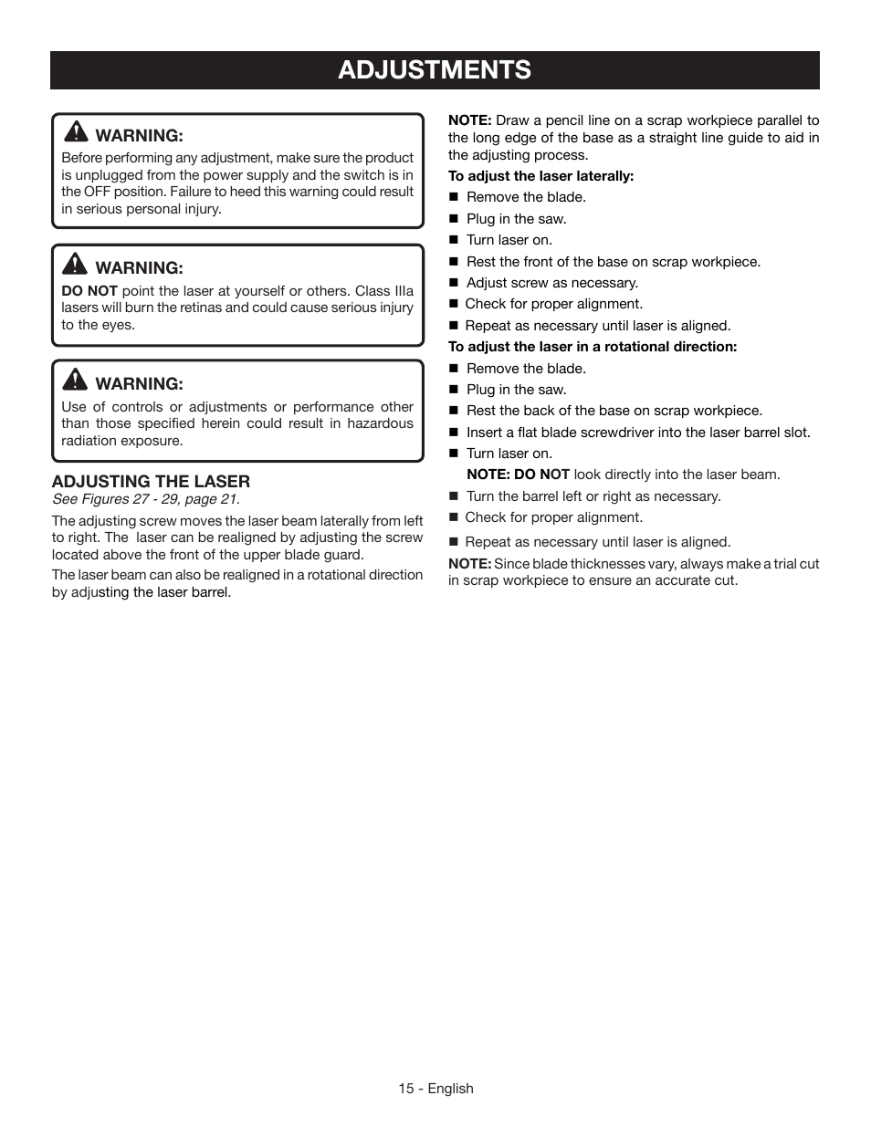 Adjustments | Ryobi CSB142LZ User Manual | Page 15 / 52