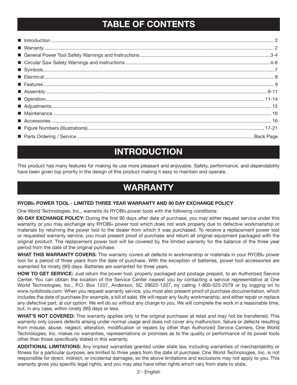 Table of contents introduction, Warranty | Ryobi CSB142LZ User Manual | Page 2 / 52