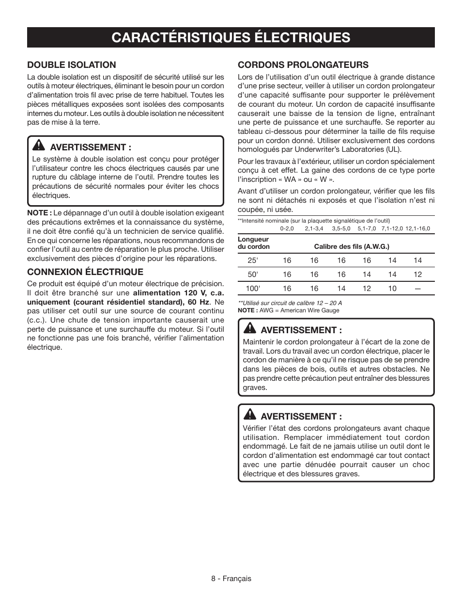 Caractéristiques électriques | Ryobi CSB142LZ User Manual | Page 23 / 52