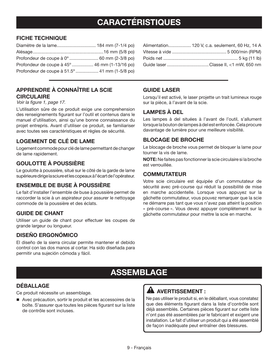 Caractéristiques, Assemblage | Ryobi CSB142LZ User Manual | Page 24 / 52