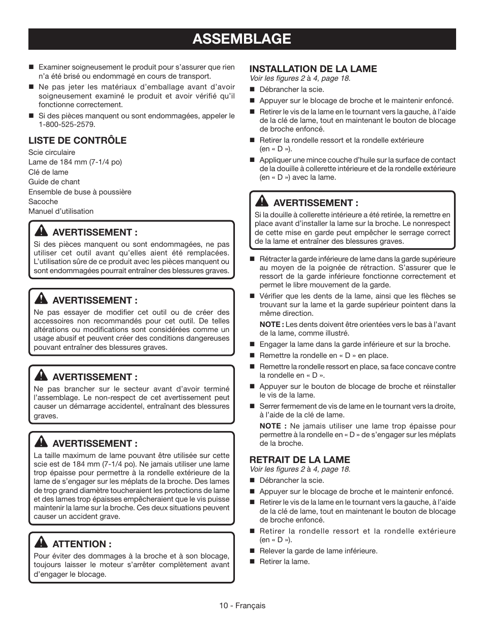 Assemblage, Installation de la lame, Avertissement | Retrait de la lame, Liste de contrôle, Attention | Ryobi CSB142LZ User Manual | Page 25 / 52