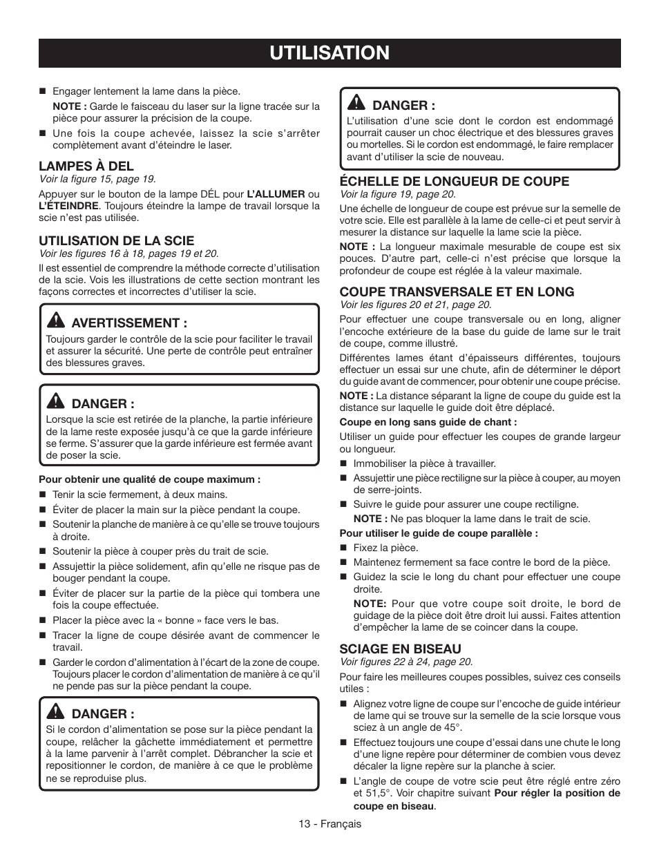 Utilisation, Lampes à del, Utilisation de la scie | Avertissement, Danger, Échelle de longueur de coupe, Coupe transversale et en long, Sciage en biseau | Ryobi CSB142LZ User Manual | Page 28 / 52