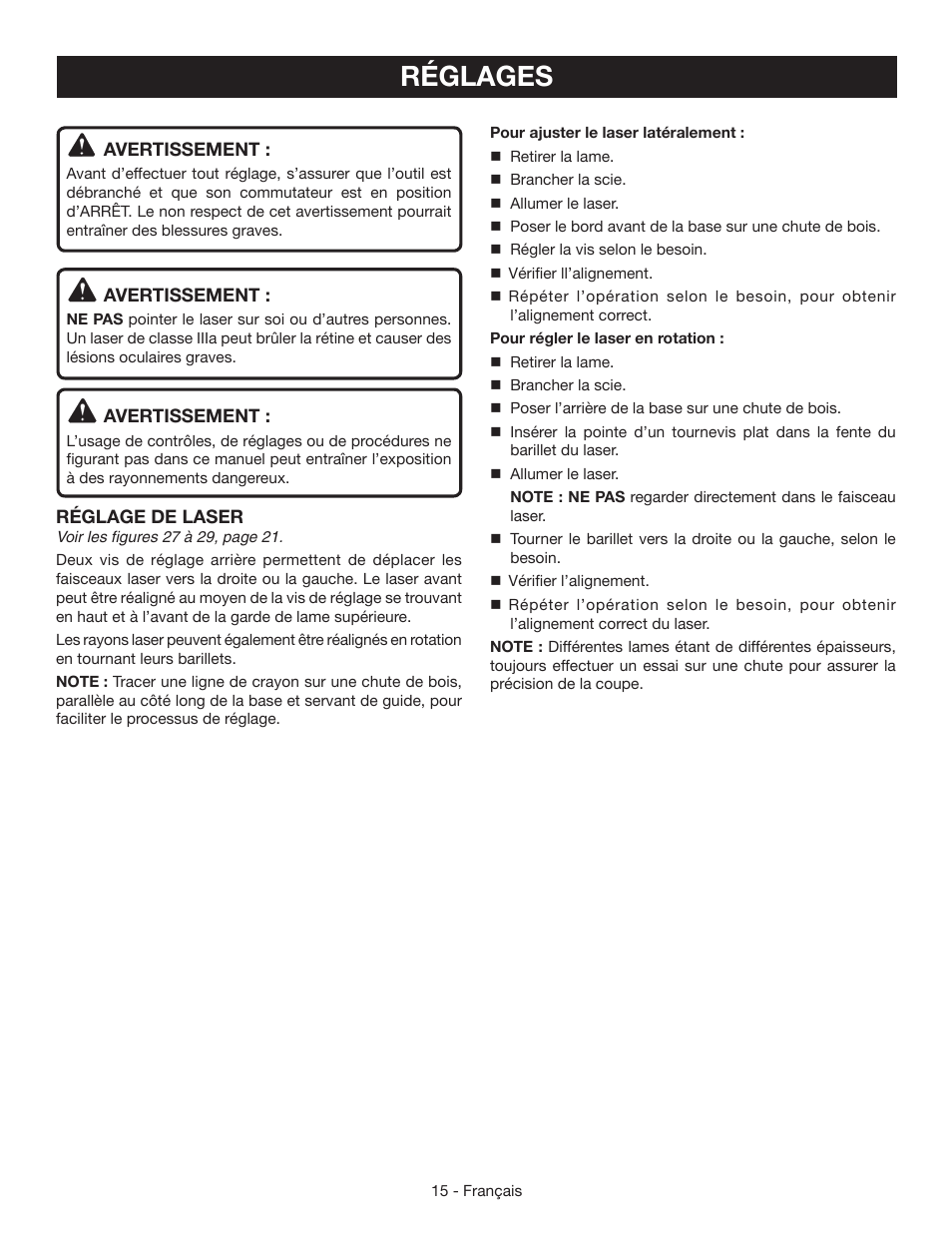 Réglages | Ryobi CSB142LZ User Manual | Page 30 / 52