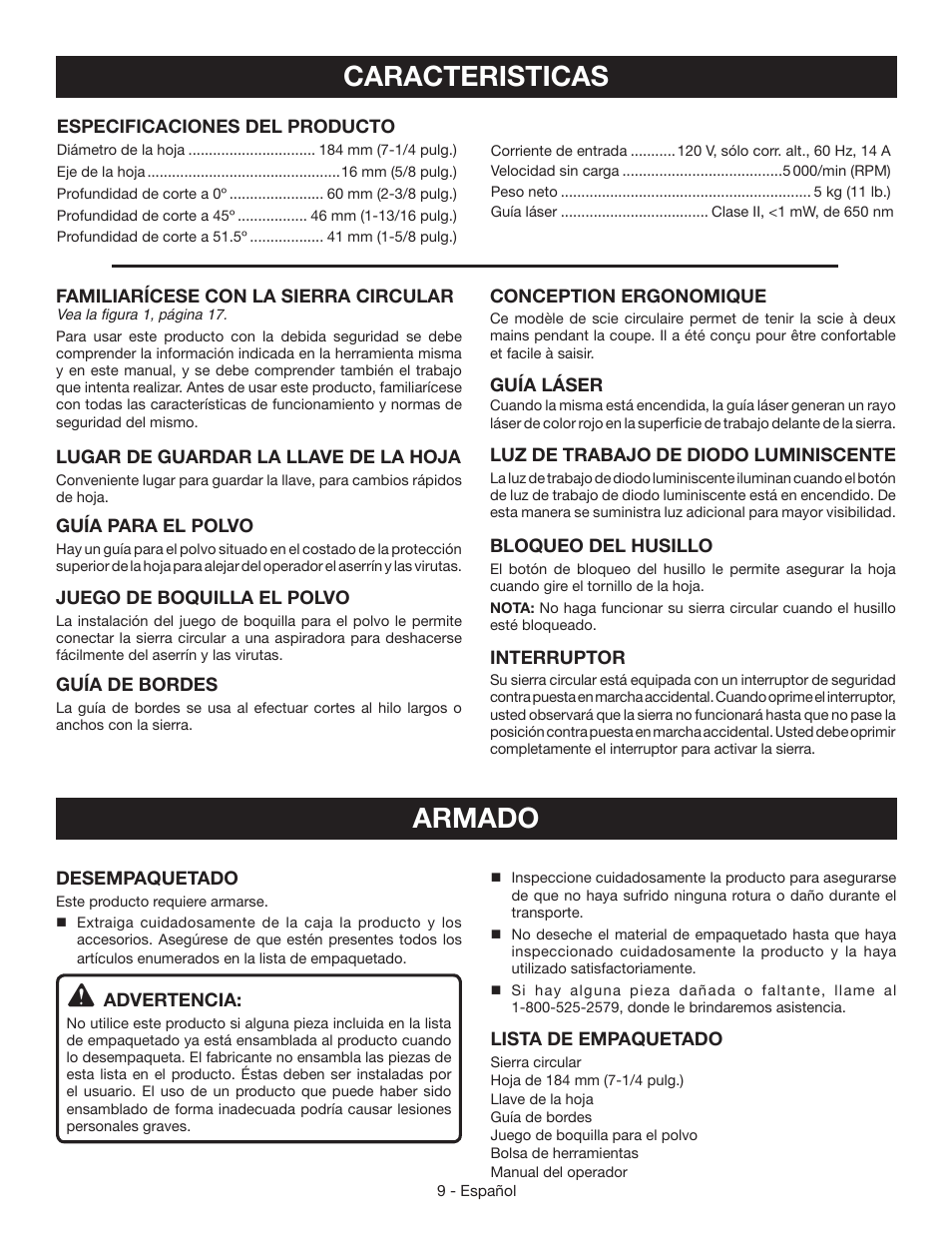 Caracteristicas, Armado | Ryobi CSB142LZ User Manual | Page 39 / 52