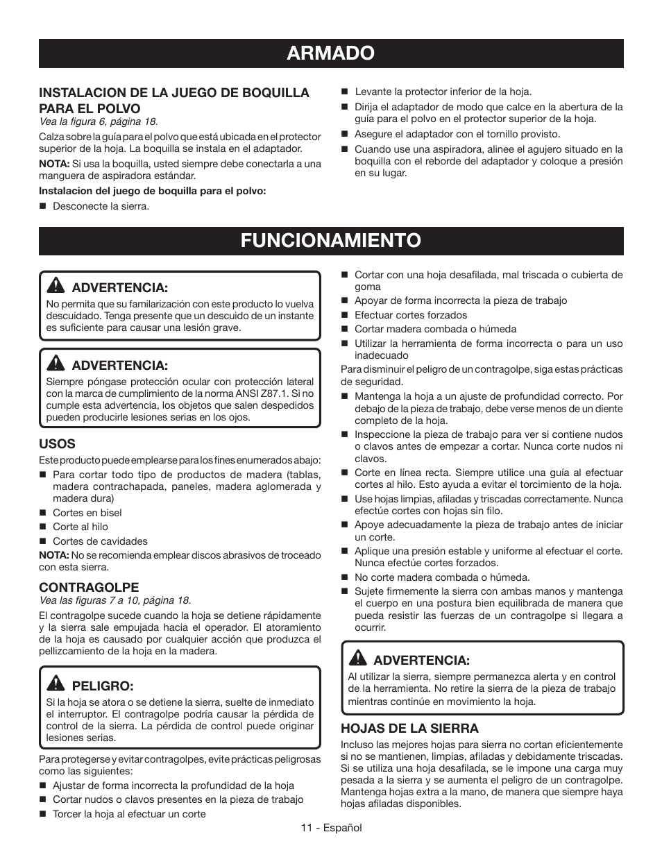 Armado, Funcionamiento, Instalacion de la juego de boquilla para el polvo | Advertencia, Usos, Contragolpe, Peligro, Hojas de la sierra | Ryobi CSB142LZ User Manual | Page 41 / 52