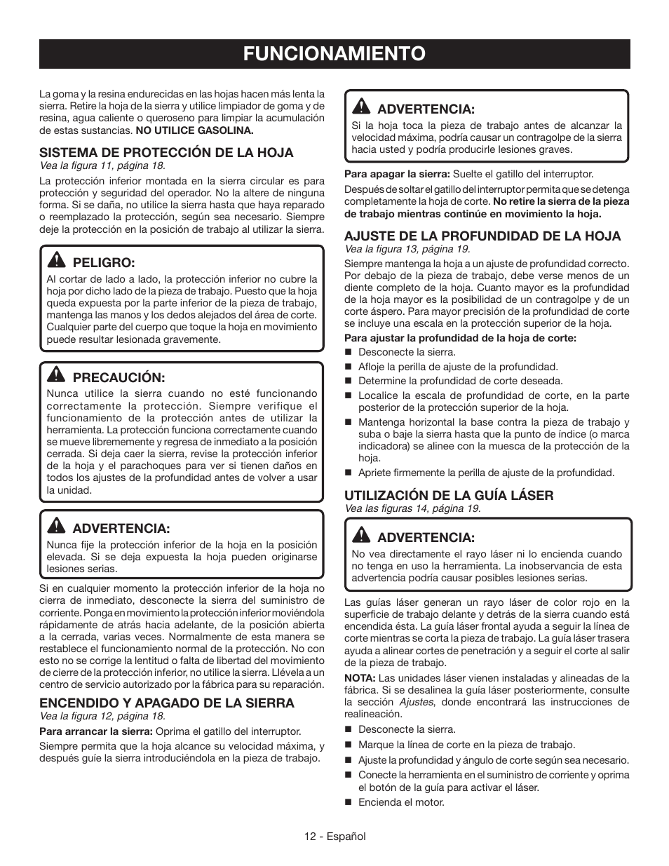 Funcionamiento, Sistema de protección de la hoja, Peligro | Precaución, Advertencia, Encendido y apagado de la sierra, Ajuste de la profundidad de la hoja, Utilización de la guía láser | Ryobi CSB142LZ User Manual | Page 42 / 52