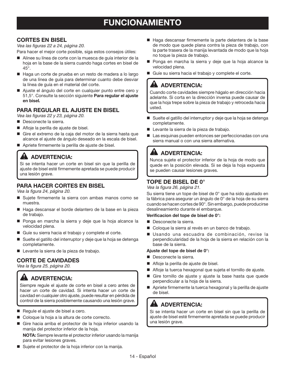 Funcionamiento, Cortes en bisel, Para regular el ajuste en bisel | Advertencia, Para hacer cortes en bisel, Corte de cavidades, Tope de bisel de 0 | Ryobi CSB142LZ User Manual | Page 44 / 52