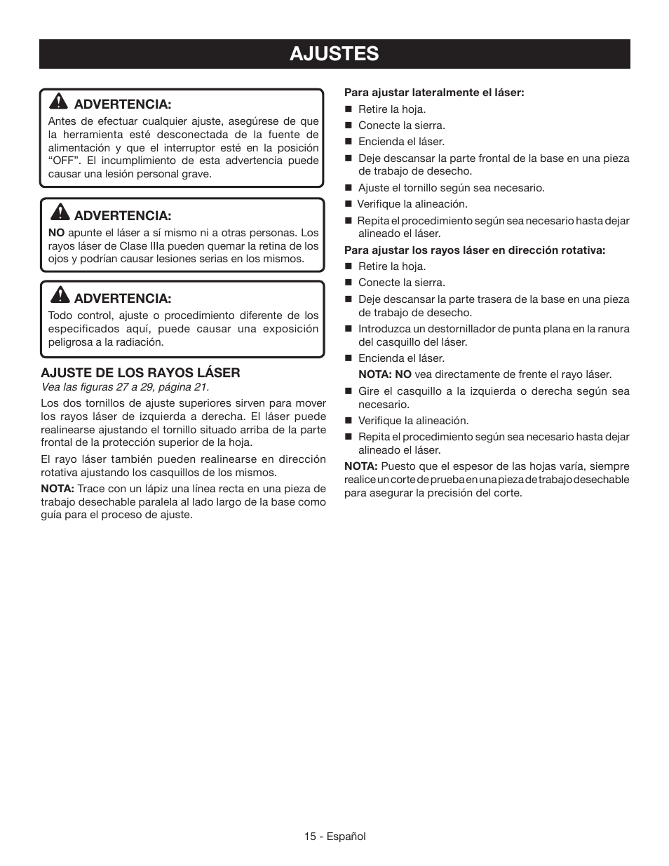 Ajustes | Ryobi CSB142LZ User Manual | Page 45 / 52