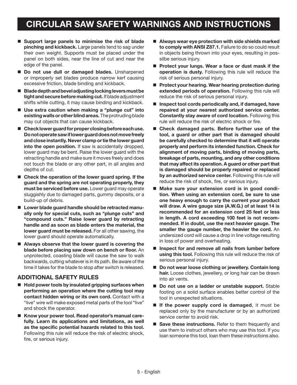 Circular saw safety warnings and instructions | Ryobi CSB142LZ User Manual | Page 5 / 52