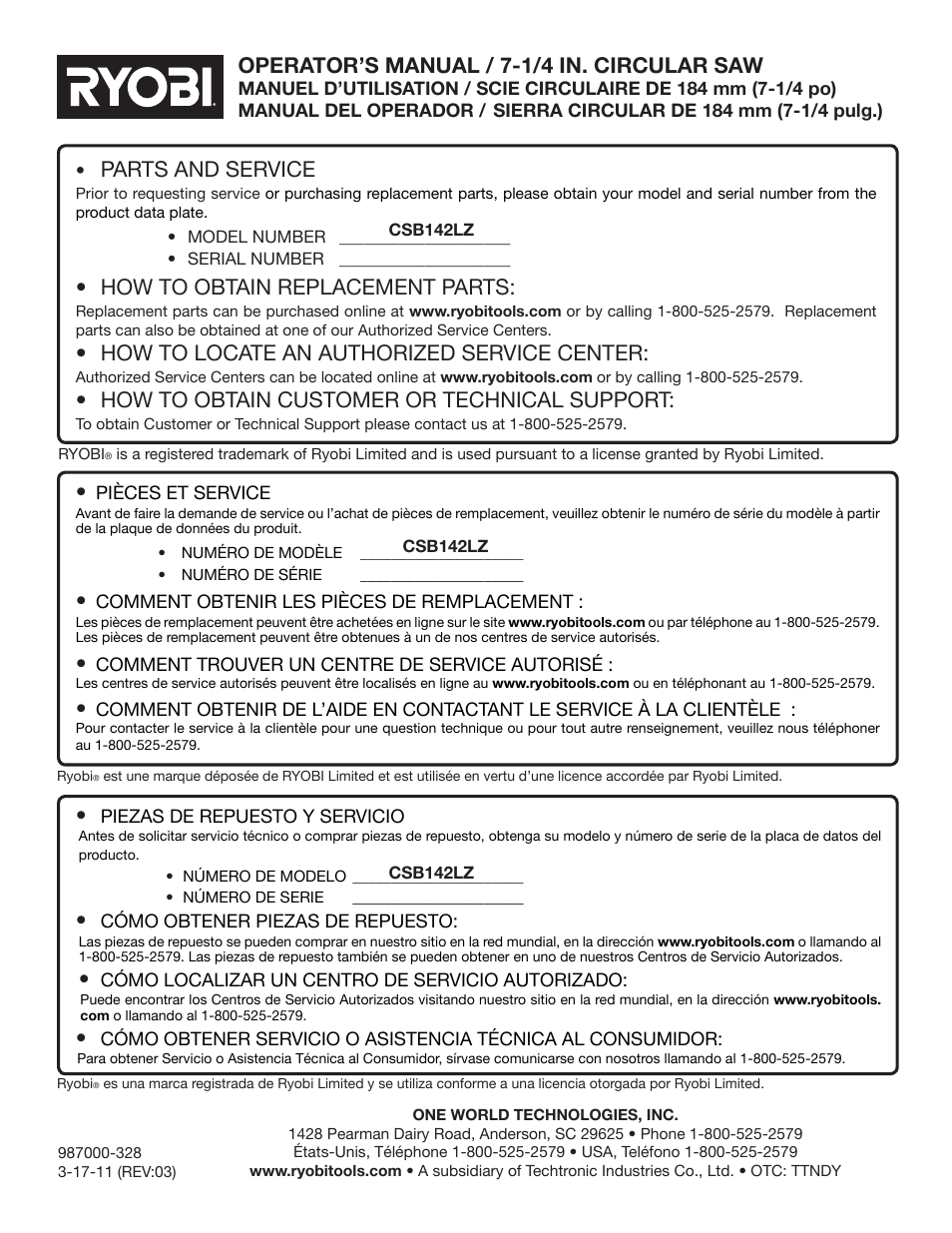 Parts and service, How to obtain replacement parts, How to locate an authorized service center | How to obtain customer or technical support, Operator’s manual / 7-1/4 in. circular saw | Ryobi CSB142LZ User Manual | Page 52 / 52