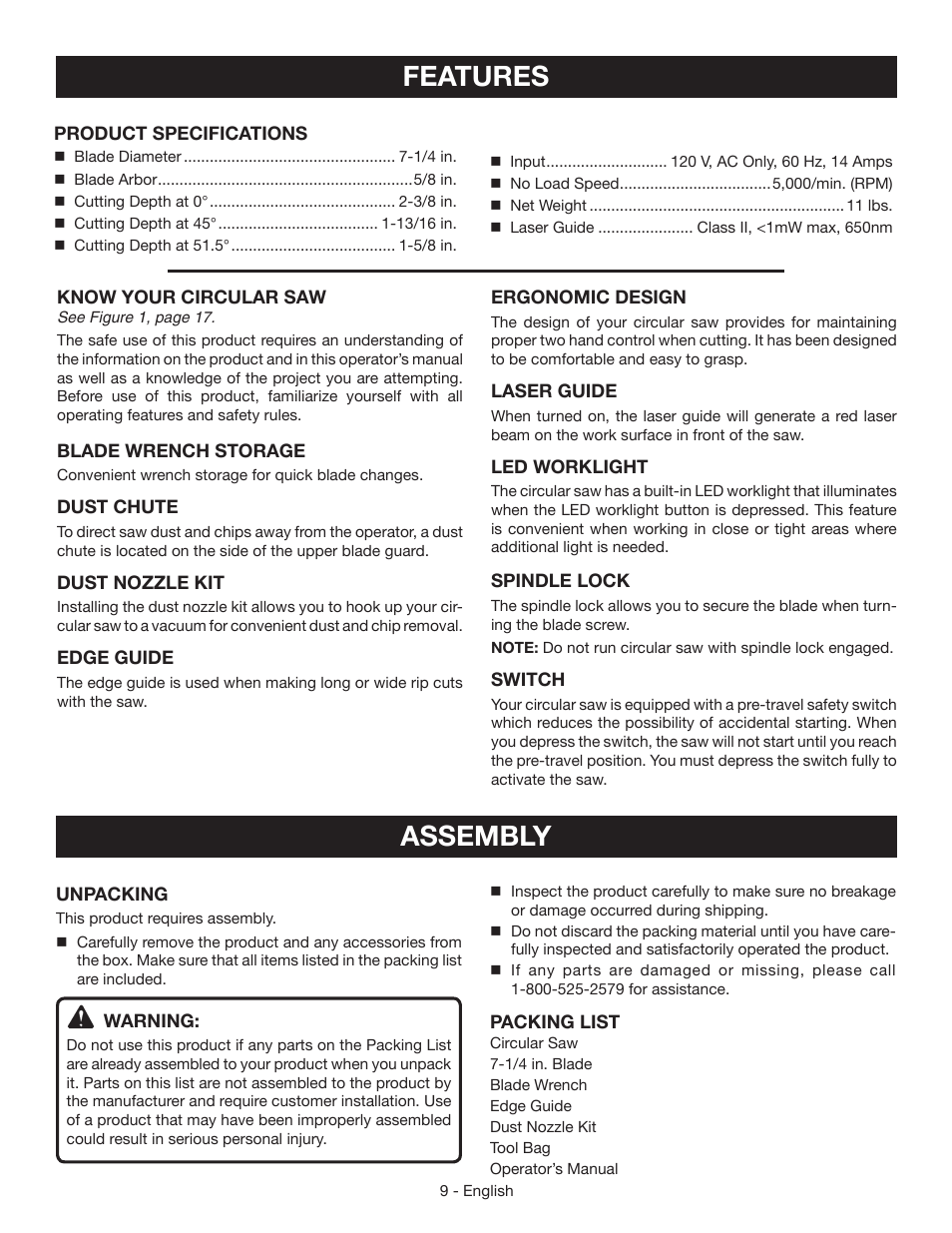 Features assembly | Ryobi CSB142LZ User Manual | Page 9 / 52