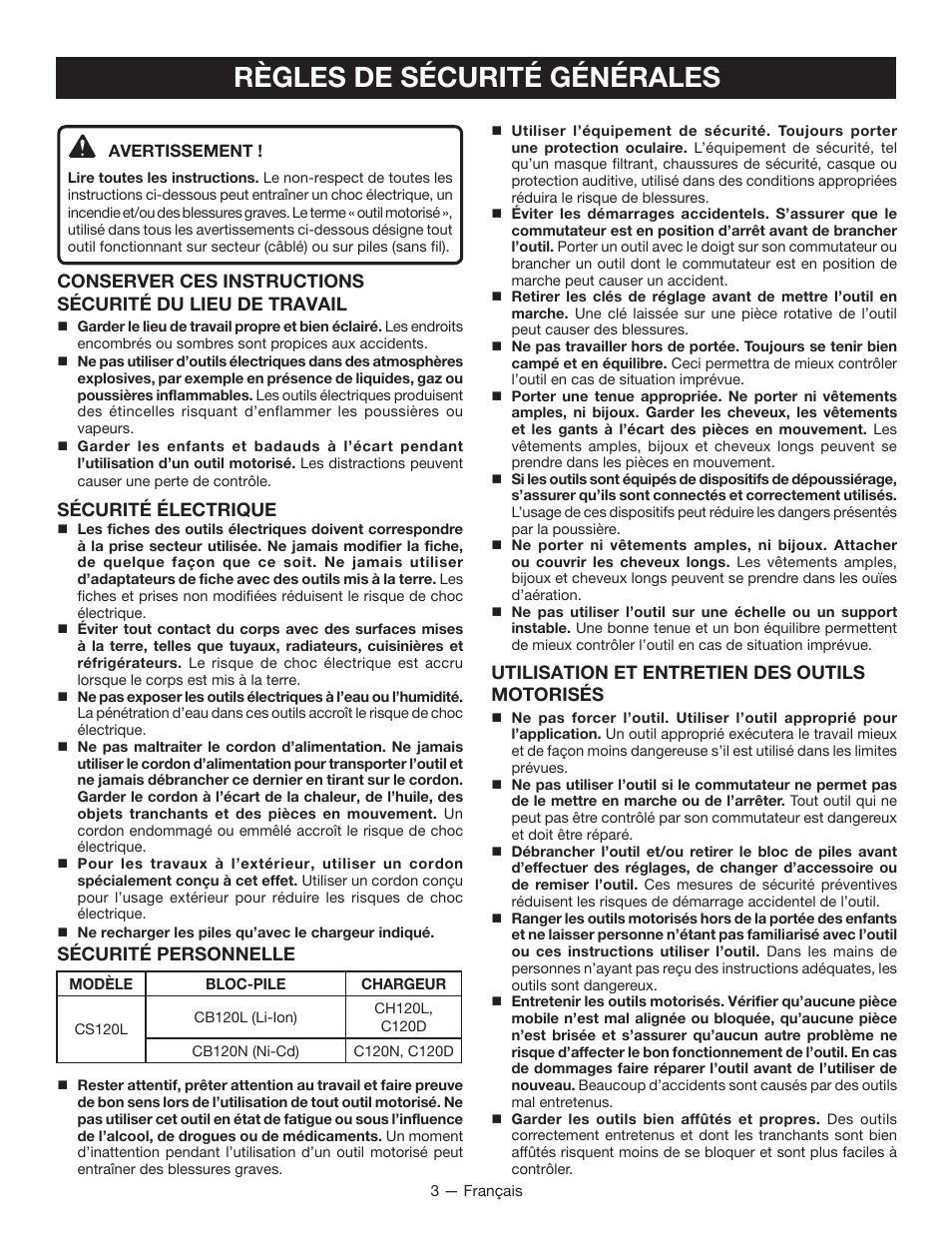 Règles de sécurité générales, Utilisation et entretien des outils motorisés, Sécurité électrique | Sécurité personnelle | Ryobi CS120L User Manual | Page 15 / 42