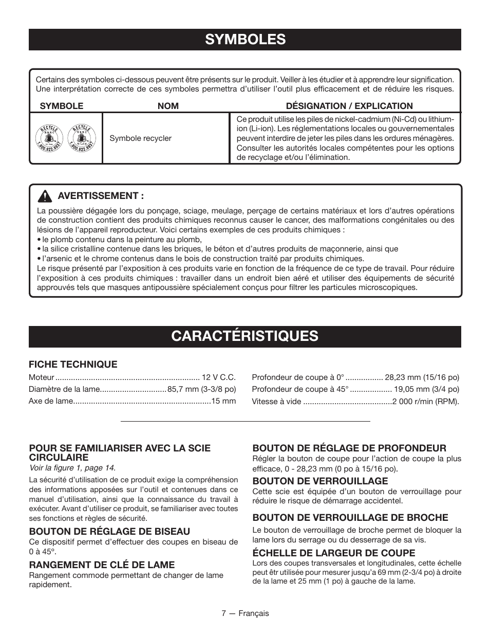 Caractéristiques, Symboles | Ryobi CS120L User Manual | Page 19 / 42