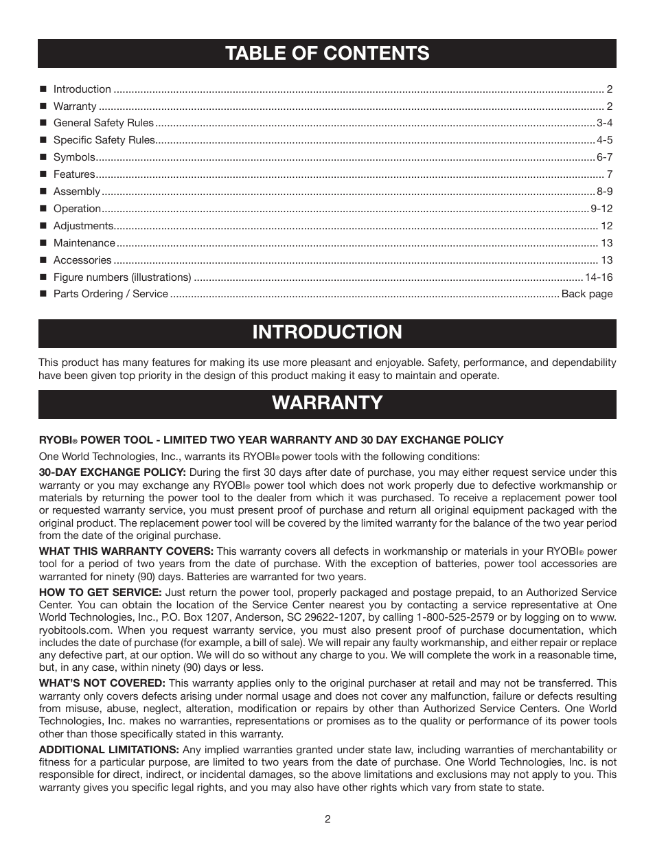 Table of contents introduction, Warranty | Ryobi CS120L User Manual | Page 2 / 42