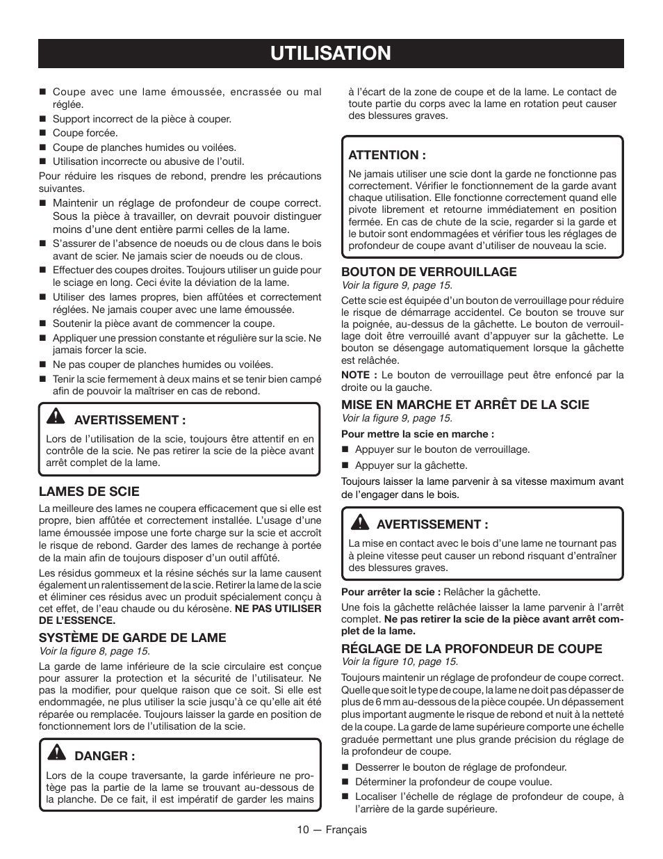 Utilisation, Lames de scie | Ryobi CS120L User Manual | Page 22 / 42