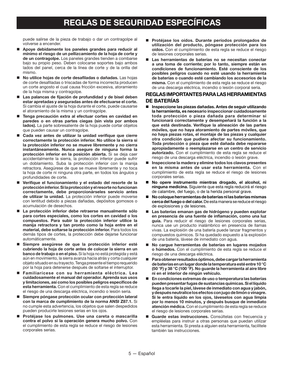 Reglas de seguridad específicas | Ryobi CS120L User Manual | Page 29 / 42