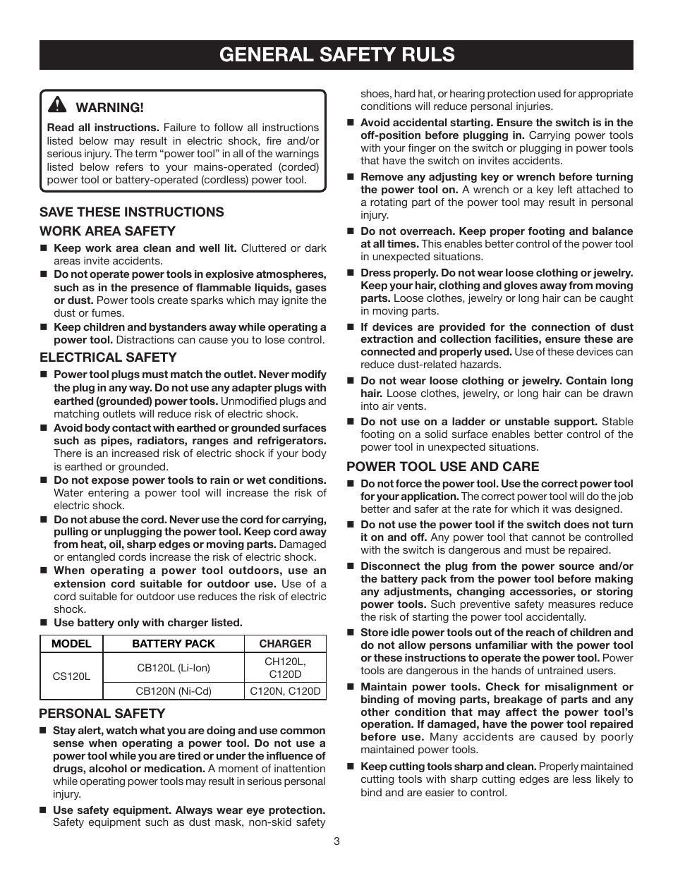 General safety ruls | Ryobi CS120L User Manual | Page 3 / 42