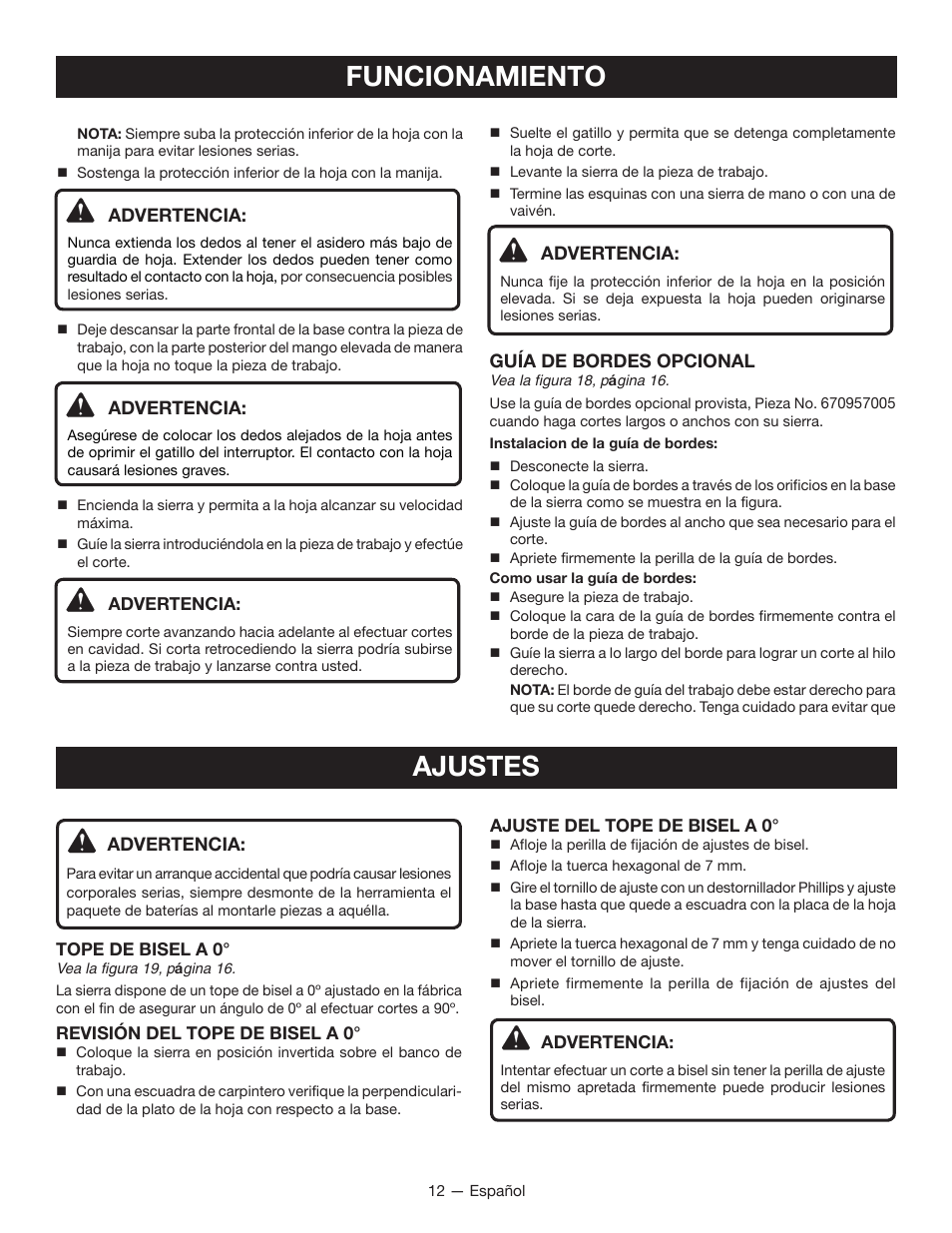 Funcionamiento, Ajustes | Ryobi CS120L User Manual | Page 36 / 42