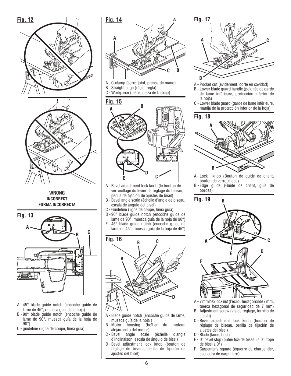 Fig. 12, Fig. 13, Fig. 14 | Fig. 15, Fig. 19 | Ryobi CS120L User Manual | Page 40 / 42