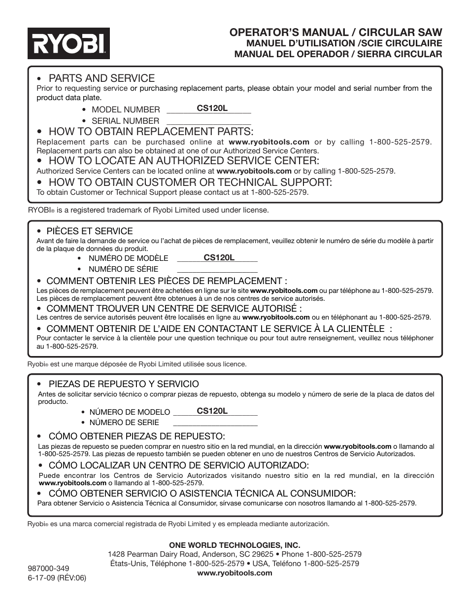 Parts and service, How to obtain replacement parts, How to locate an authorized service center | How to obtain customer or technical support, Operator’s manual / circular saw | Ryobi CS120L User Manual | Page 42 / 42