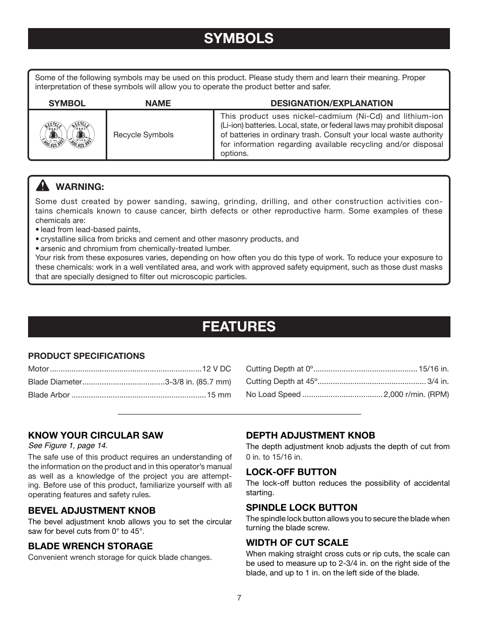 Symbols, Features | Ryobi CS120L User Manual | Page 7 / 42