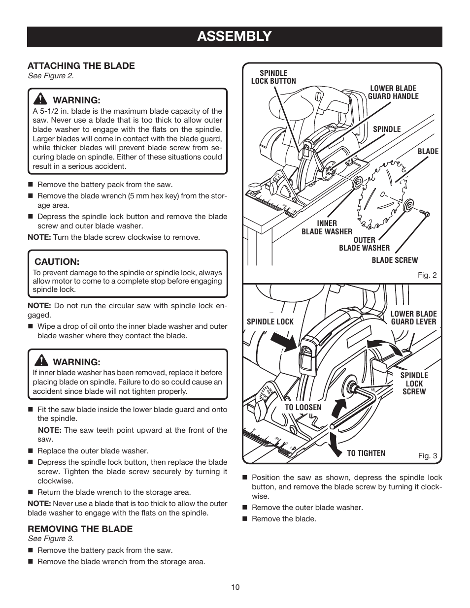 Assembly, Attaching the blade, Warning | Caution, Removing the blade | Ryobi P500 User Manual | Page 10 / 68