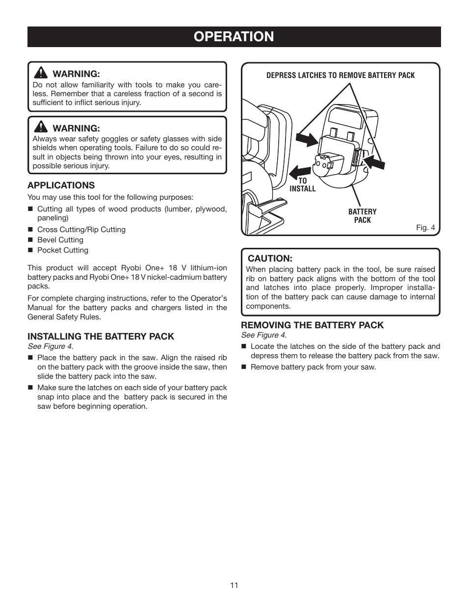 Operation | Ryobi P500 User Manual | Page 11 / 68