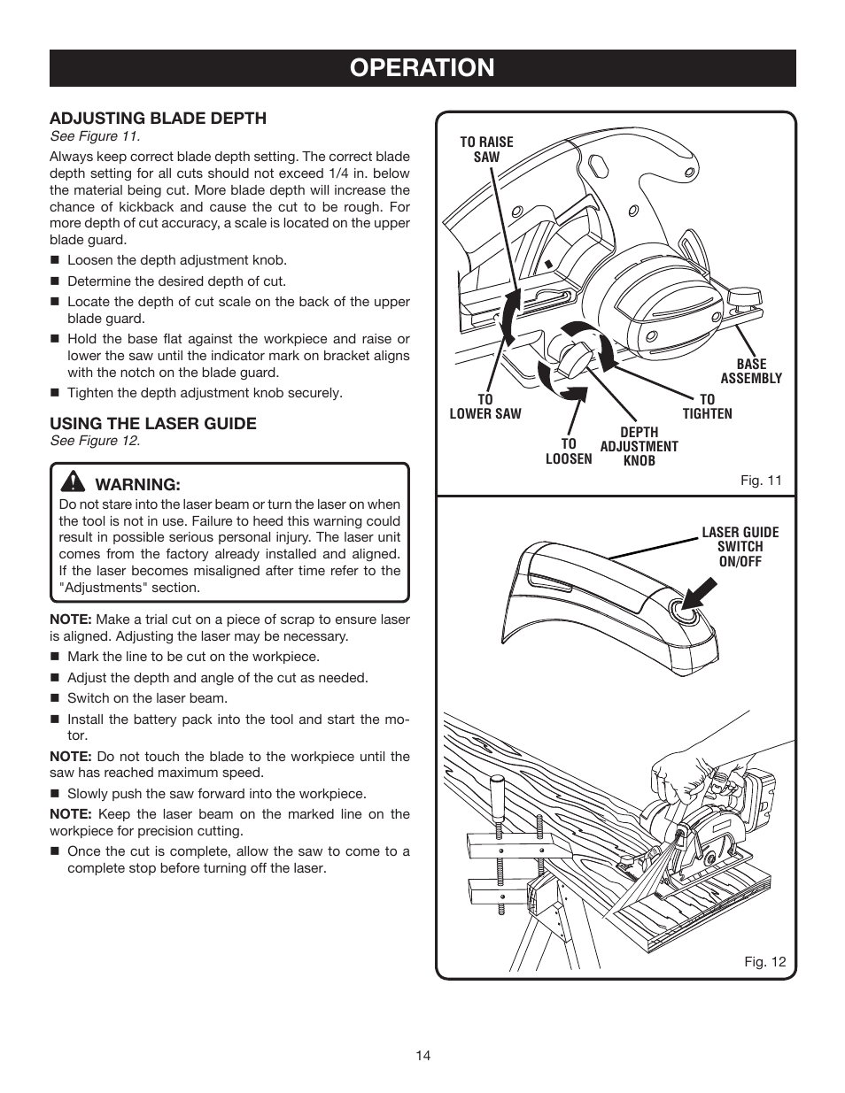 Operation, Adjusting blade depth, Using the laser guide | Warning | Ryobi P500 User Manual | Page 14 / 68