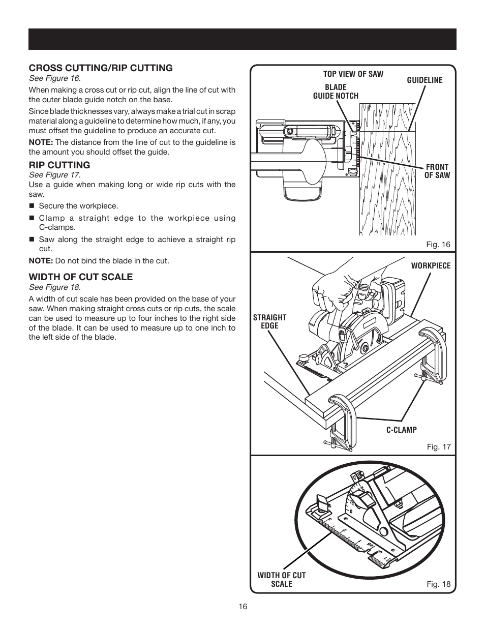 Cross cutting/rip cutting, Rip cutting, Width of cut scale | Ryobi P500 User Manual | Page 16 / 68