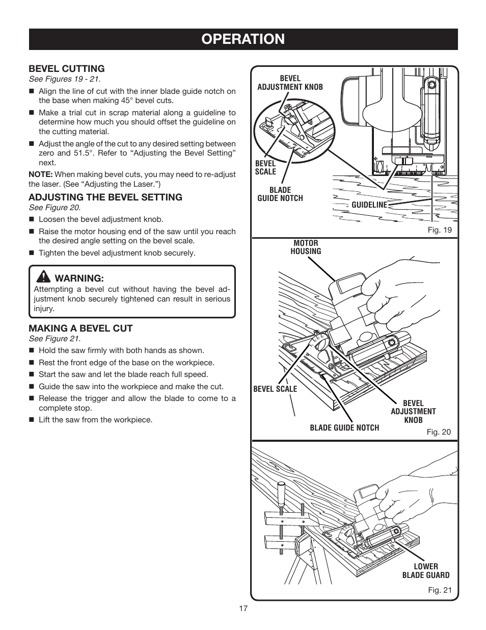 Operation, Bevel cutting, Adjusting the bevel setting | Warning, Making a bevel cut, 17 fig. 21 | Ryobi P500 User Manual | Page 17 / 68