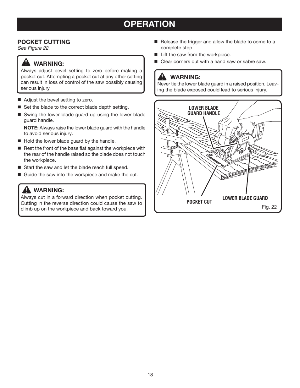 Operation, Warning, Pocket cutting | Ryobi P500 User Manual | Page 18 / 68