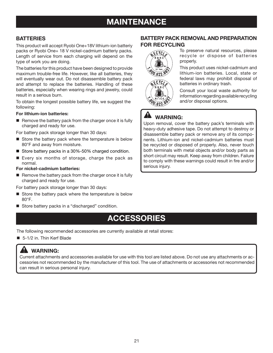 Maintenance accessories | Ryobi P500 User Manual | Page 21 / 68