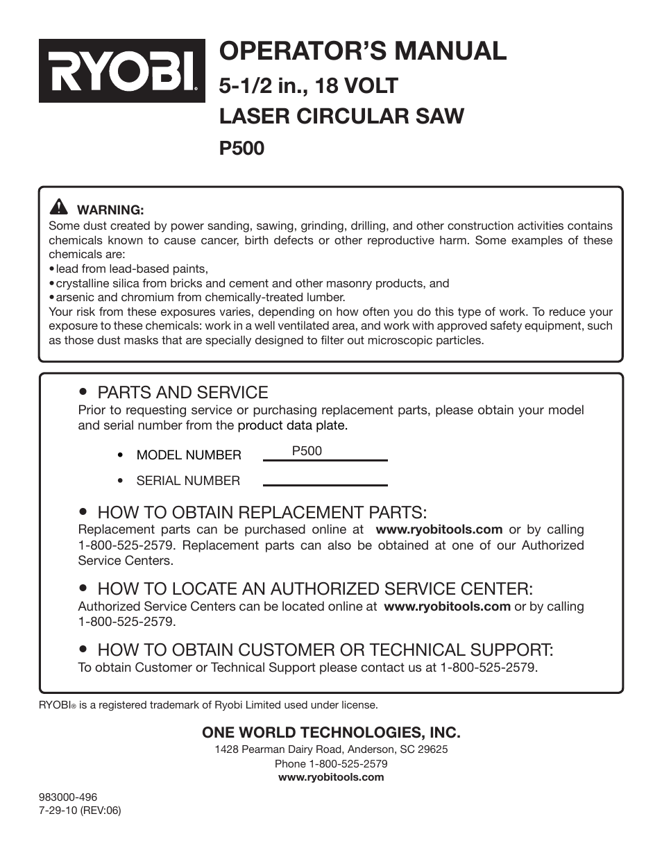 Operator’s manual, 1/2 in., 18 volt laser circular saw, P500 | Parts and service, How to obtain replacement parts, How to locate an authorized service center, How to obtain customer or technical support | Ryobi P500 User Manual | Page 22 / 68